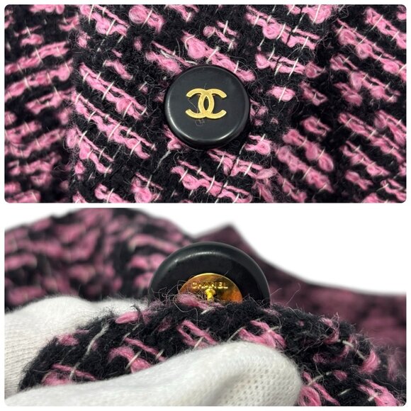 CHANEL Vintage 95A CC Logo Tweed Jacket #38 Pink Black Button Cotton [105548] - Picture 13 of 14